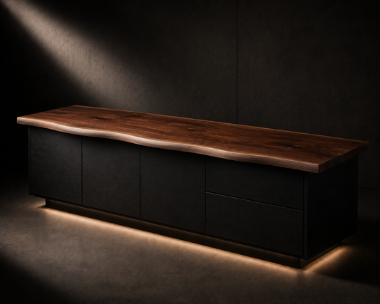 Ridgeline Credenza hero render with smooth live edge