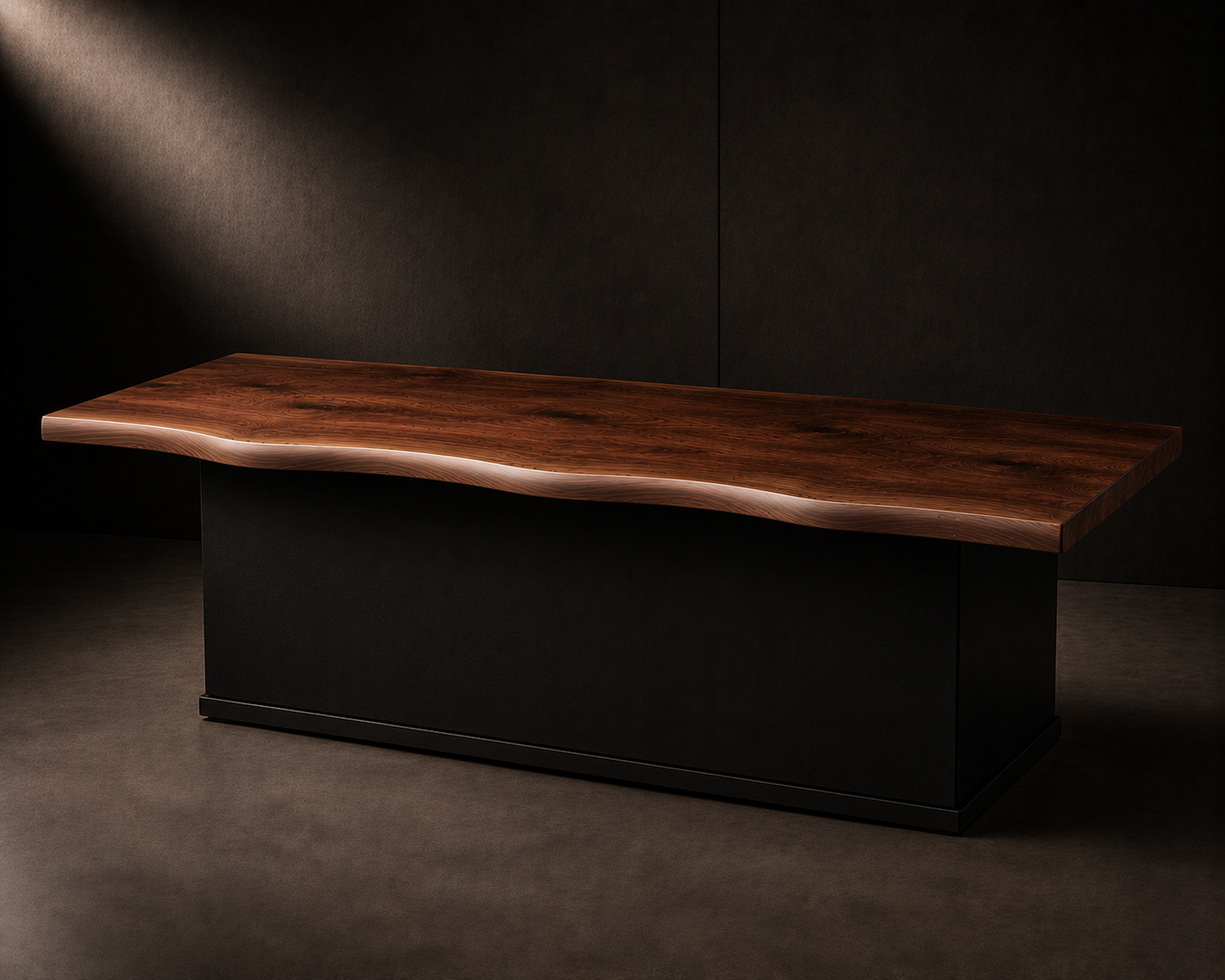 Ridgeline Executive Desk hero render with smooth centered live edge