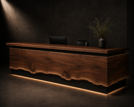 Ridgeline Reception Desk hero render with wrapped live edge slab